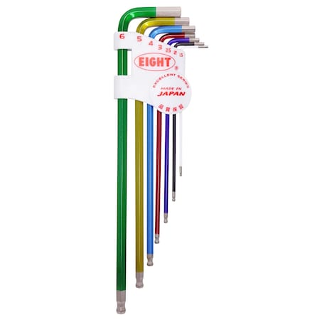 Eight Tool TAPER HEAD HEX KEY L-HANDLE EXTRA LONG SET, 7PC 1.5-6MM MLTI-CLR TLC-S7